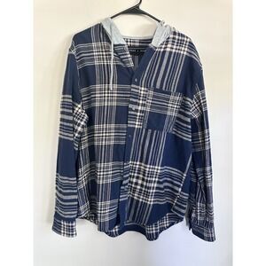 Edgar + Ash Flannel Hoodie LARGE Two Toned Blue Plaid Button Down Long Sleeve